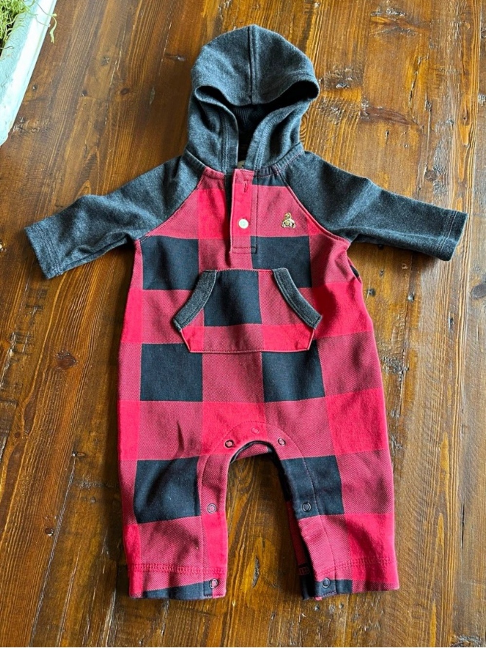 Baby Gap Boys Hooded Buffalo Plaid Romper Jumpsuit - Red & Black 0-3 Months